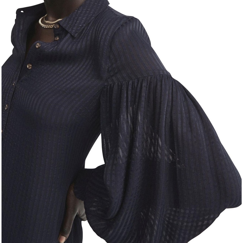 WITCHERY Stripe Pintuck Dress Navy Drop Shoulder, Waist Dress Button Front Sz 8 - Picture 3 of 15